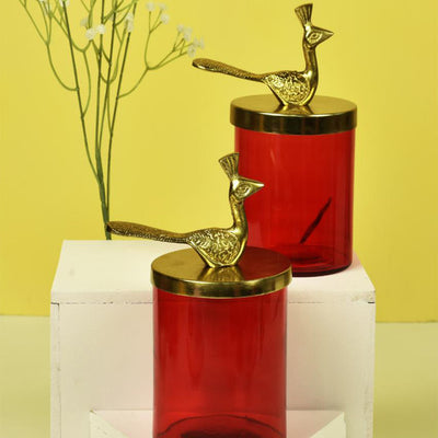 Peacock Gold Finish Red Glass Jars | Set Of 2 | 550 ml