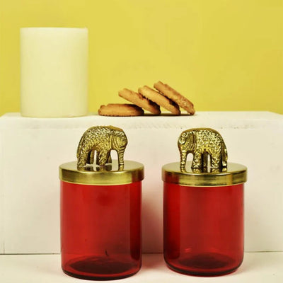 Premium Elephant Gold Finish Red Glass Jars | Set Of 2 | 550 ml