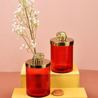 Classy Elephant Gold Finish Red Glass Jars | Set Of 2 | 550 ml