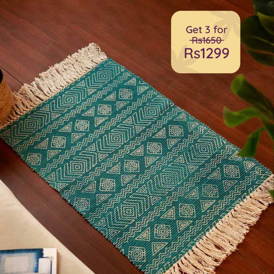 Dora Teal Printed Cotton Dhurrie | Floormat | 33 x 21 Inches