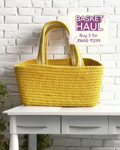 Yellow Beautiful Cotton Boho Basket | 10 x 6 x 5 inches