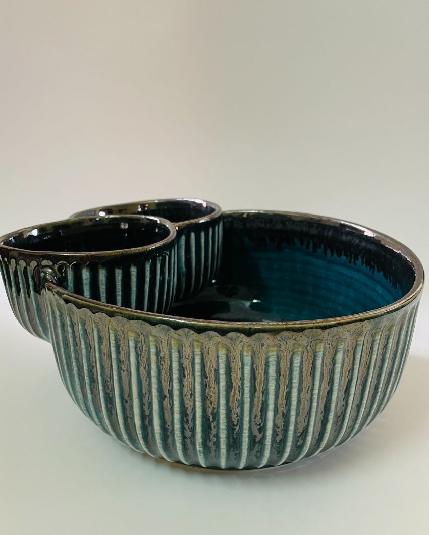 Teal Double Dip Ceramic Serving Bowl | 9 x 8 x 4 inches