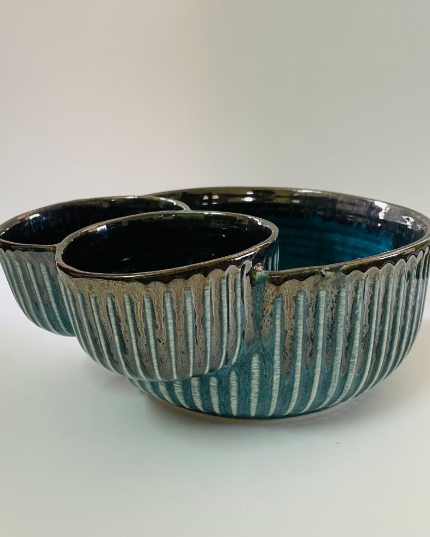 Teal Double Dip Ceramic Serving Bowl | 9 x 8 x 4 inches