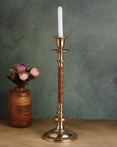 Medium Leatherluxe Aluminum Candle Holder Gold & Tan