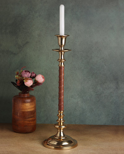 Large Leatherluxe Aluminum Candle Holder Gold & Tan