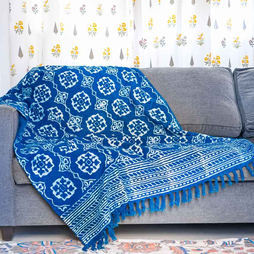 Elegance Indigo Mandala Organic Cotton Sofa Throw | 78 x 52 inches