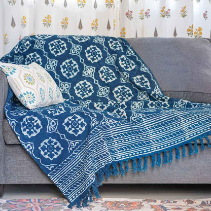 Elegance Indigo Mandala Organic Cotton Sofa Throw | 78 x 52 inches