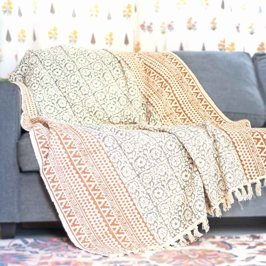 Neutral Tones Beige Patterned Organic Cotton Sofa Throw | 78 x 52 inches