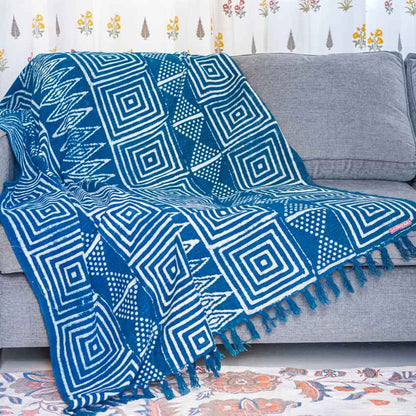 Timeless Indigo Geometrical Organic Cotton Sofa Throw | 78 x 52 inches