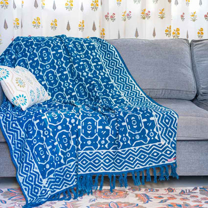 Timeless Indigo Geometrical Organic Cotton Sofa Throw | 78 x 52 inches