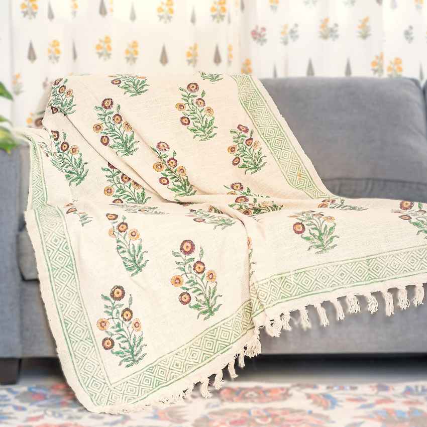 Botanical Beige Essence Leafy Organic Cotton Sofa Throw | 78 x 52 inches