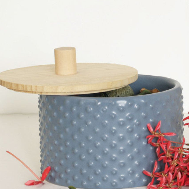 Porcelain Dotted Texture Jar With Wooden Lid | 4 x 5 inches