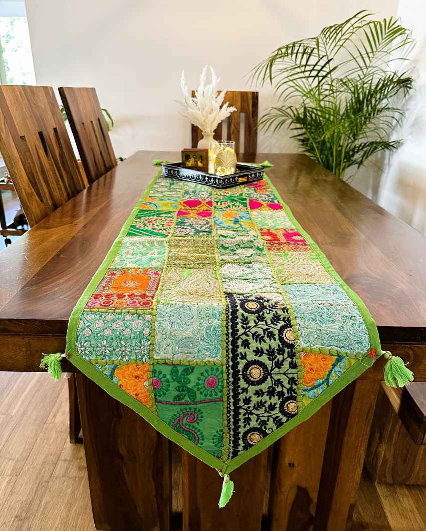 Vibrant Green Accents Patchwork Table Runner | 14 x 70 inches