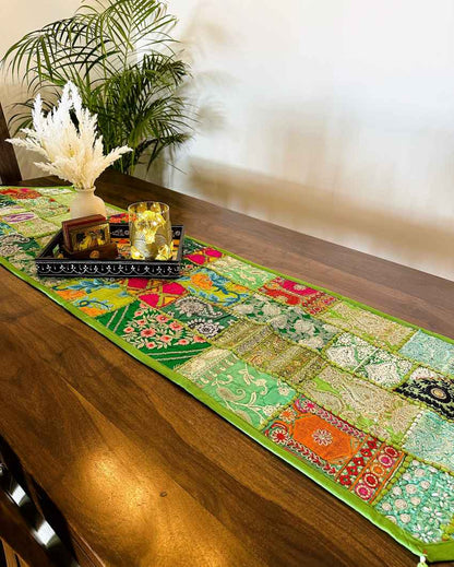 Vibrant Green Accents Patchwork Table Runner | 14 x 70 inches