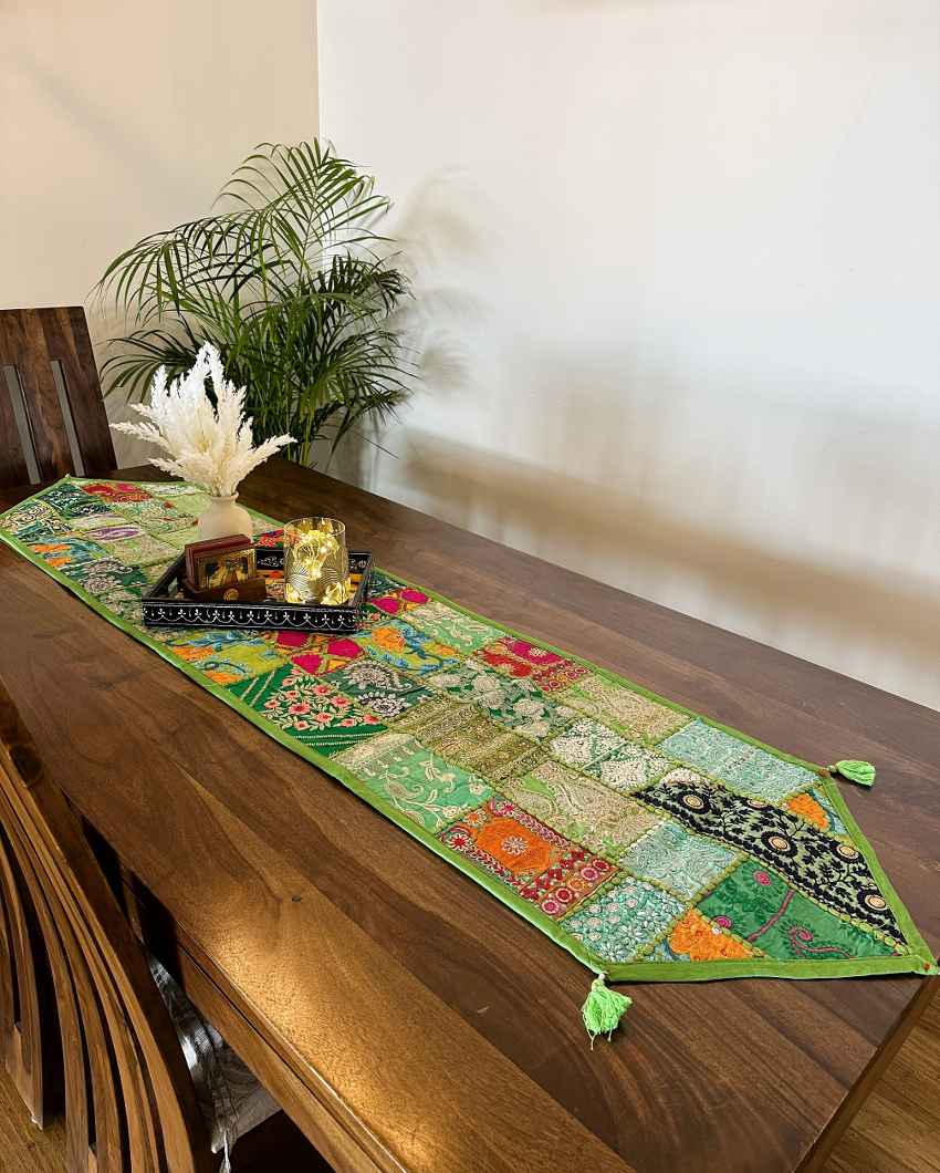 Vibrant Green Accents Patchwork Table Runner | 14 x 70 inches