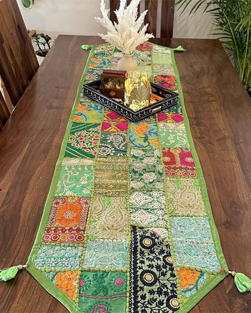 Vibrant Green Accents Patchwork Table Runner | 14 x 70 inches