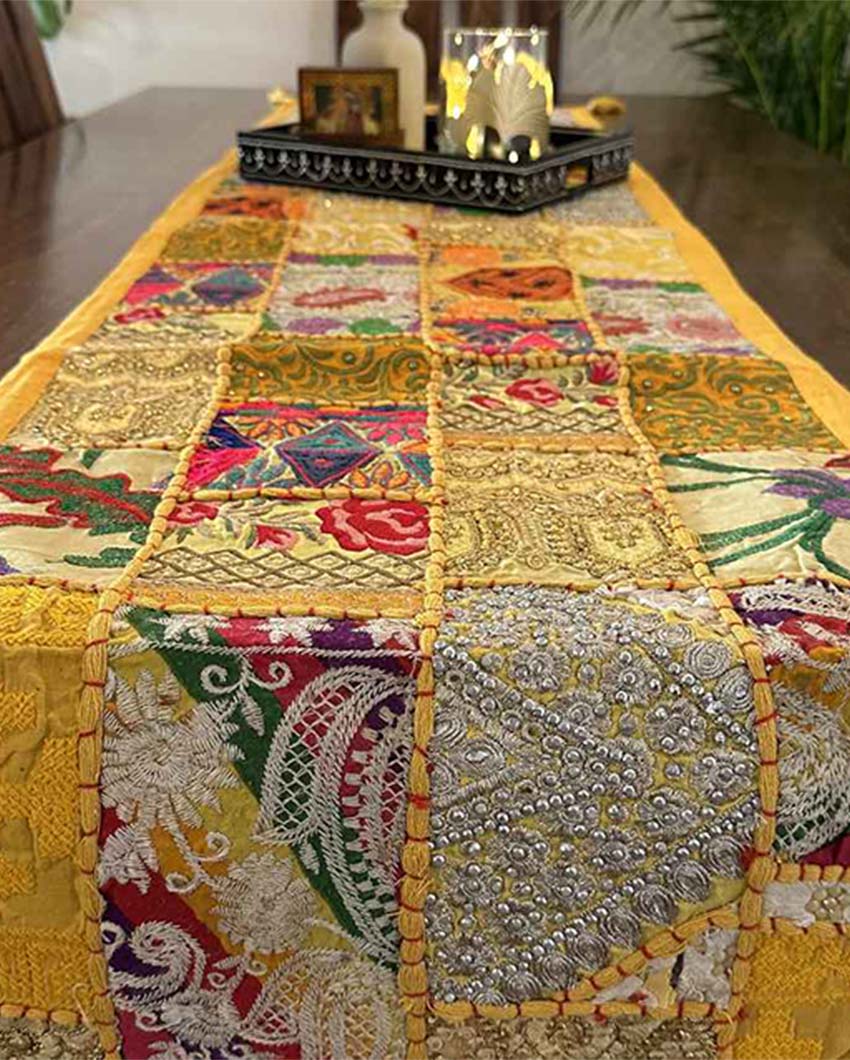 Cheerful Yellow Aesthetics Patchwork Table Runner | 14 x 70 inches