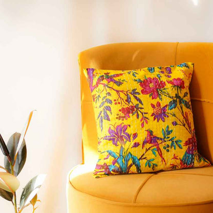 Sun Kissed Beauty Yellow Floral Kantha Cushion Covers | 16 x 16 inches