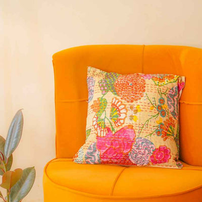 Citrus Glow Lemon Yellow Floral Kantha Cushion Covers | 16 x 16 inches