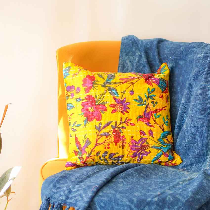 Dual-Tone Delight Blue & Yellow Floral Kantha Cushion Covers | Set of 2 | 16 x 16 inches