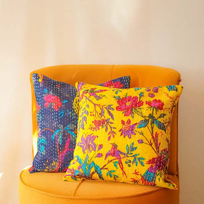 Dual-Tone Delight Blue & Yellow Floral Kantha Cushion Covers | Set of 2 | 16 x 16 inches