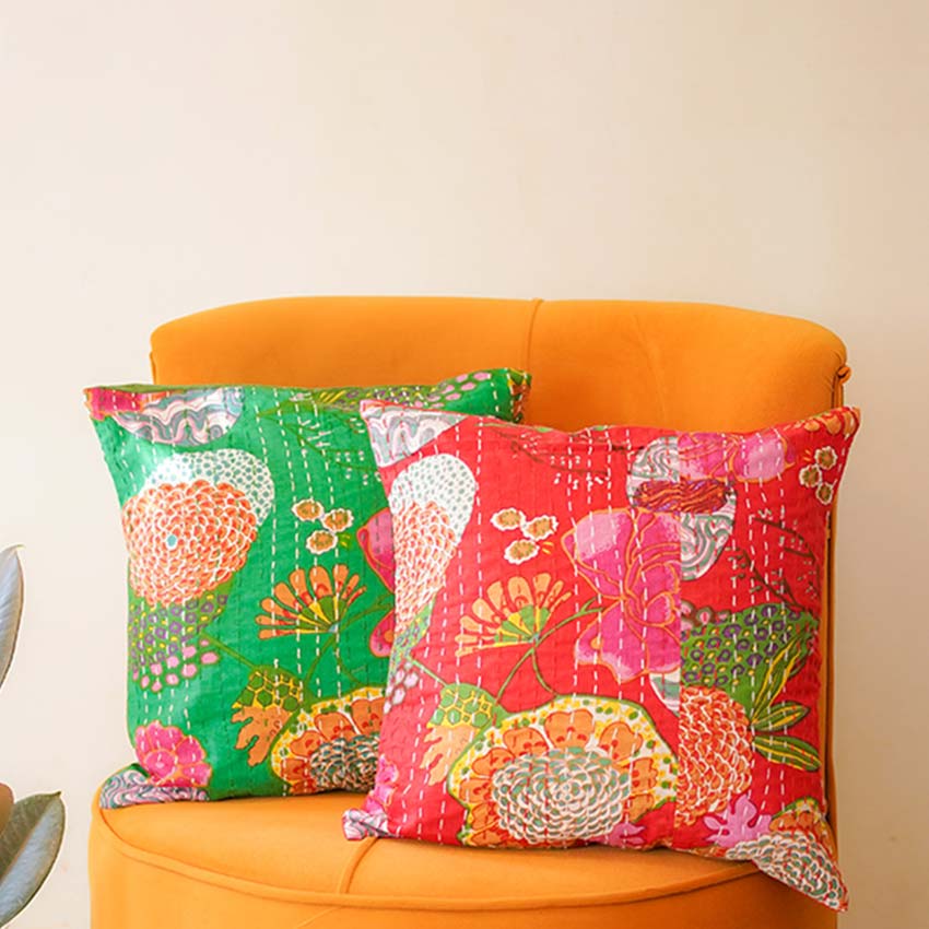 Festive Hues Green & Red Floral Kantha Cushion Covers | Set of 2 | 16 x 16 inches