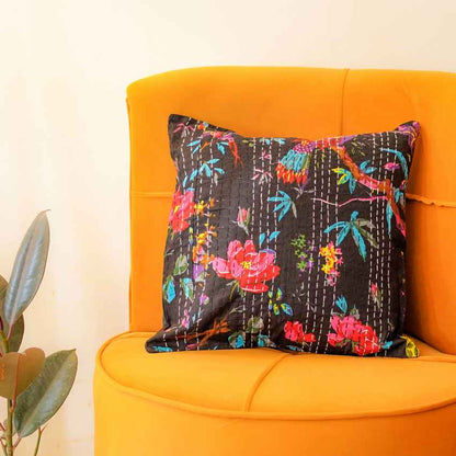 Vivid Contrast Black & Orange Floral Kantha Cushion Covers | Set of 2 | 16 x 16 inches