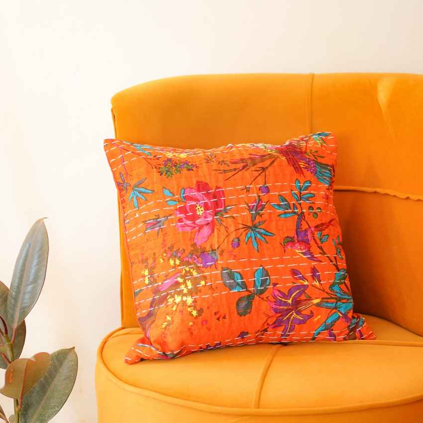 Vivid Contrast Black & Orange Floral Kantha Cushion Covers | Set of 2 | 16 x 16 inches