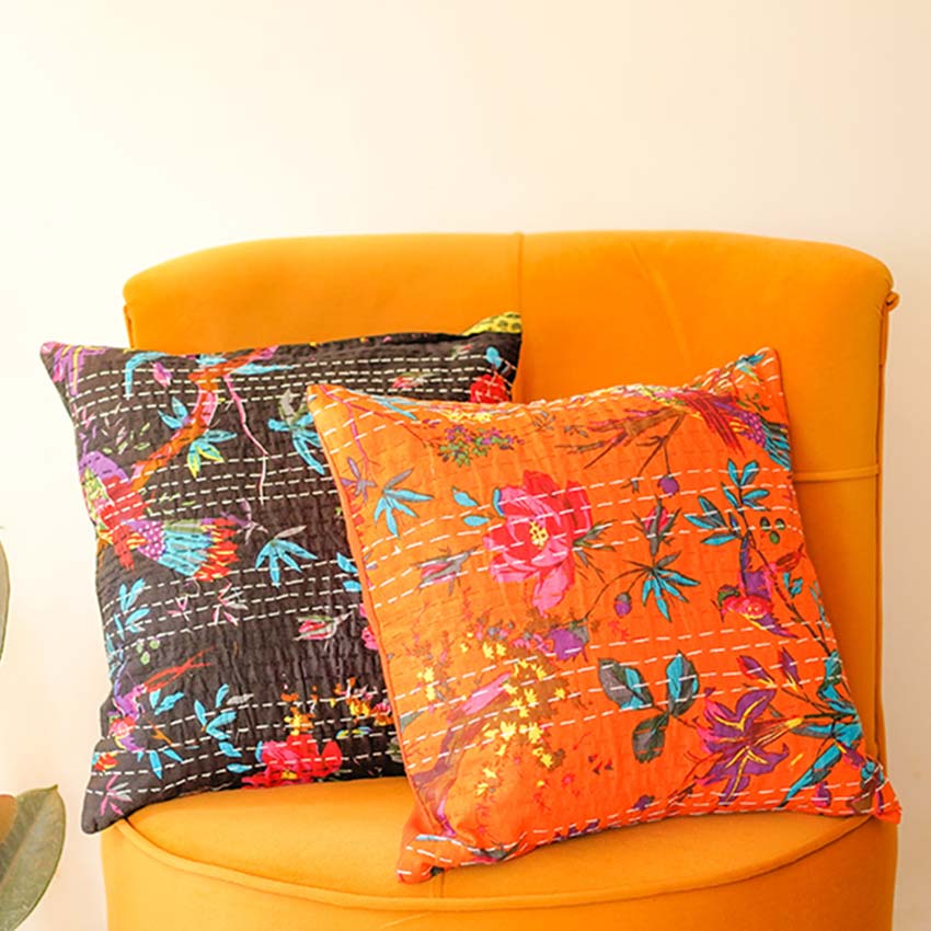 Vivid Contrast Black & Orange Floral Kantha Cushion Covers | Set of 2 | 16 x 16 inches