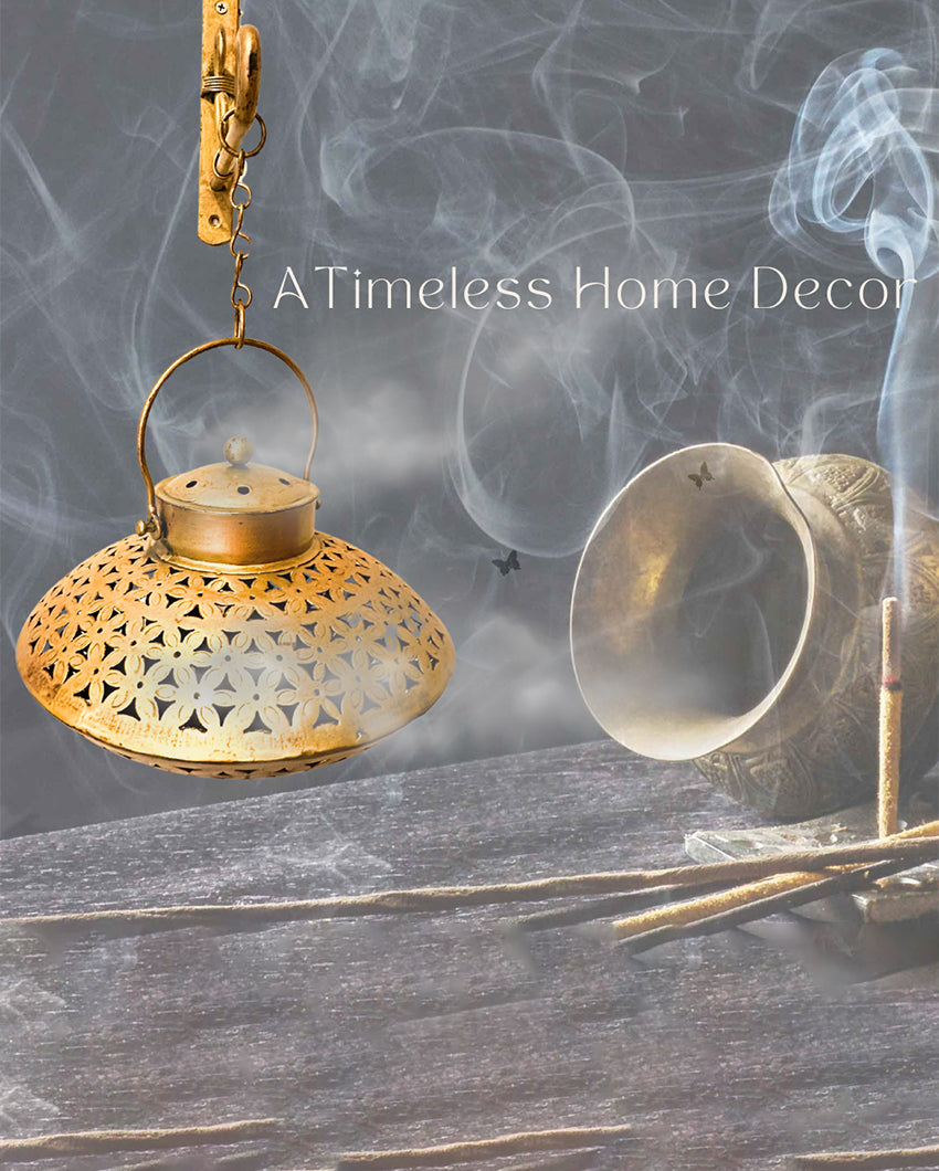 Elegant Golden Finish Metal Hanging Dhoop Incense Holder | 9 x 17 inches