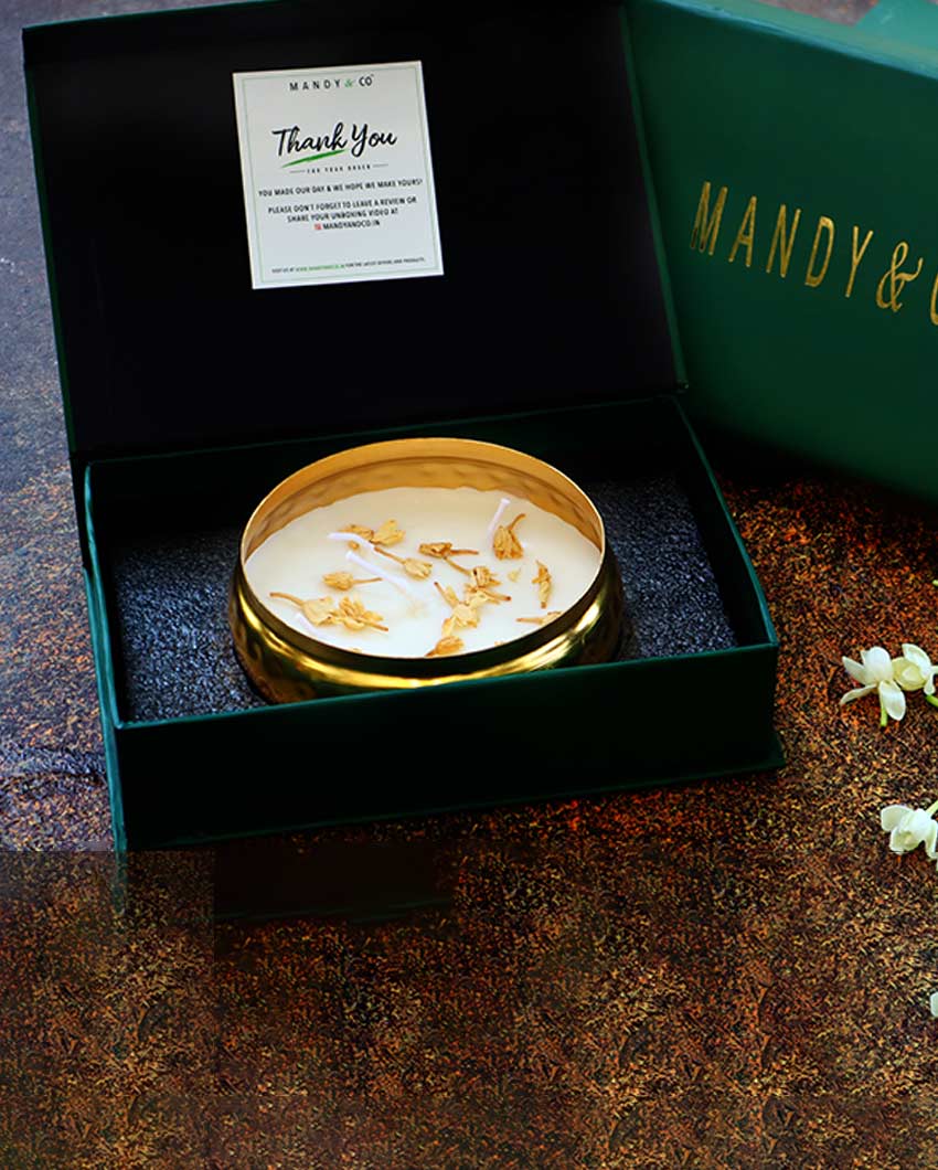 Fragrant Mogra Jasmine Soy Wax & Metal Urli Candle | 12.7 x 5.08 cm / 5 x 2 inches