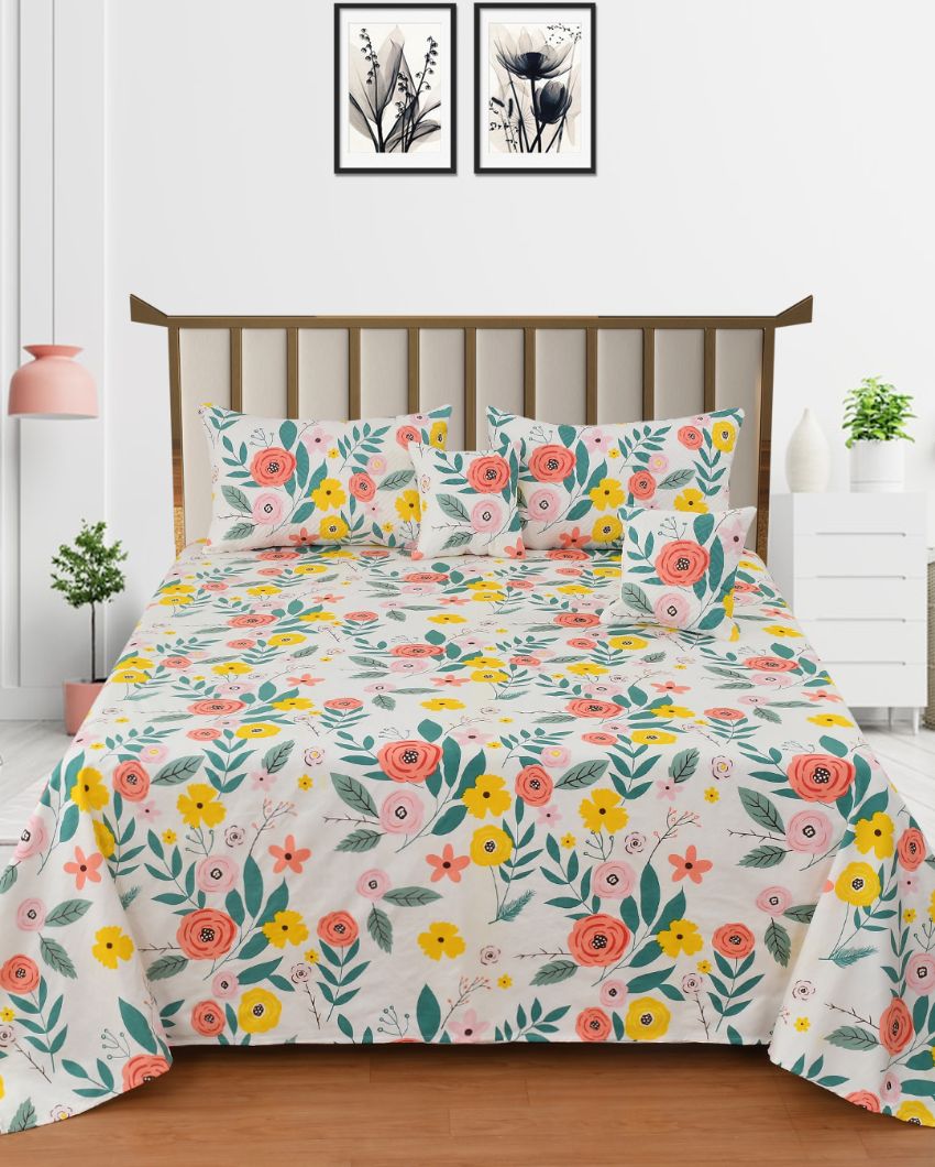 Glace Cotton Floral Print Bedding Set with 2 Pillow Covers & 2 Filled Cushions | Queen Size | 90 x 100 inches