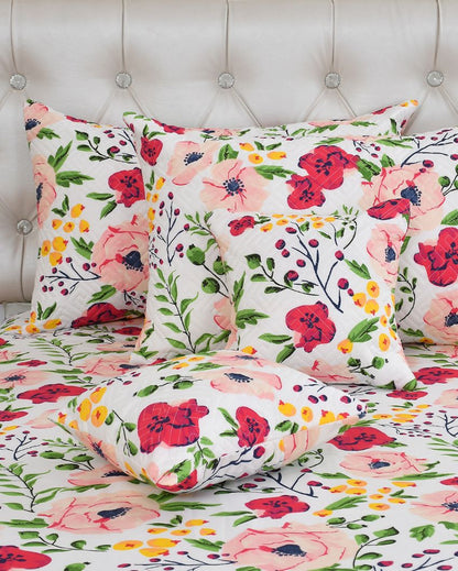 Glace Cotton Floral Bedding Set with 2 Pillow Covers  & 2 Filled Cushions | Queen Size | 90 x 100 inches