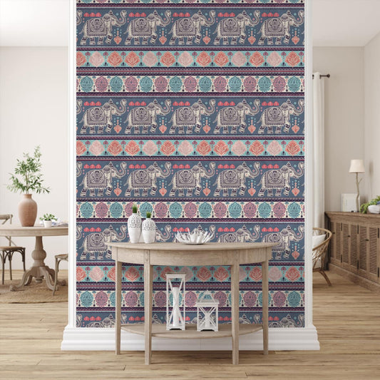 Blue Royal Elephants Wallpaper | Multiple Options Soft feel