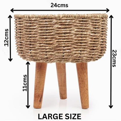 Jute Plant Stands With Wooden Legs & Metal Frame | Pack of 3