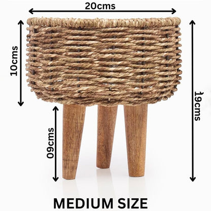 Jute Plant Stands With Wooden Legs & Metal Frame | Pack of 3