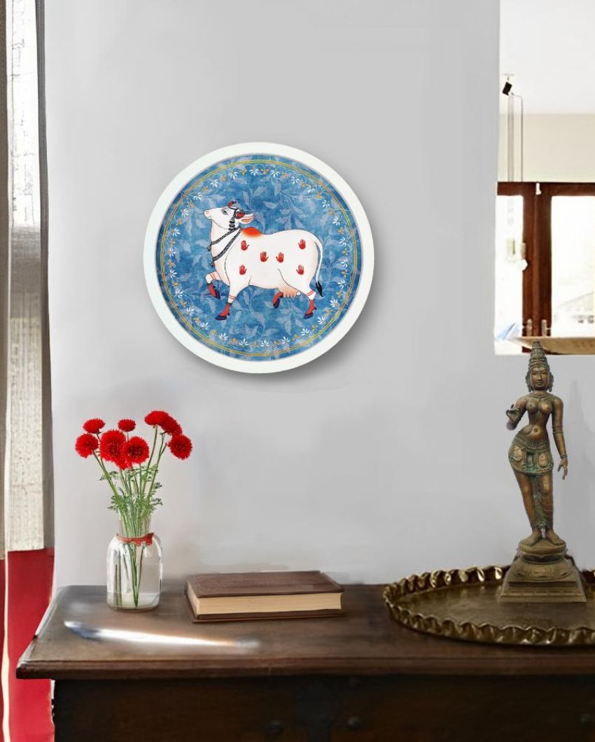 Kaamdhenu Cow Pichwai Blue Canvas Style Wall Art Frame