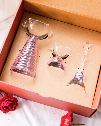 Beautiful Glass Tall & Short Diya with Bell Festive Gift Box Set