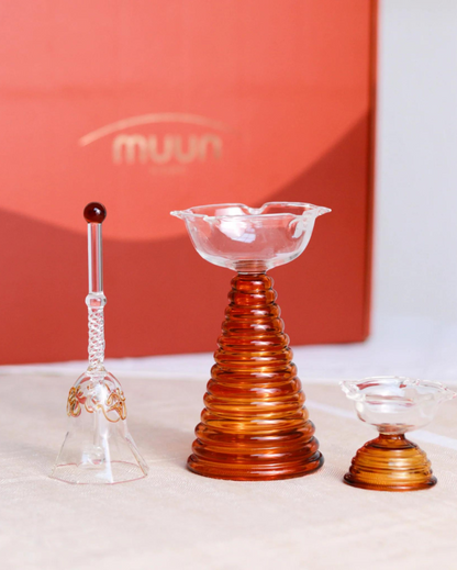 Beautiful Glass Tall & Short Diya with Bell Festive Gift Box Set