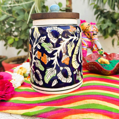 Handcrafted Blue Floral Pottery Airtight Snuff Box | 14 x 7 inches