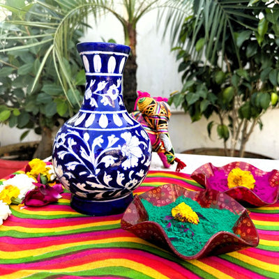 Exquisite Floral Blue Pottery Statement Vase | 5 x 5 inches