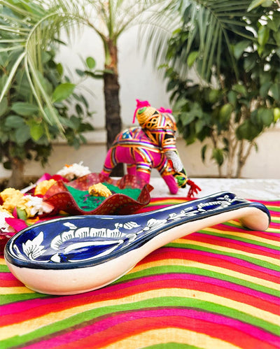 Artisan Multicolored Floral Pottery Spoon Rest | 14 x 6 x 2 inches