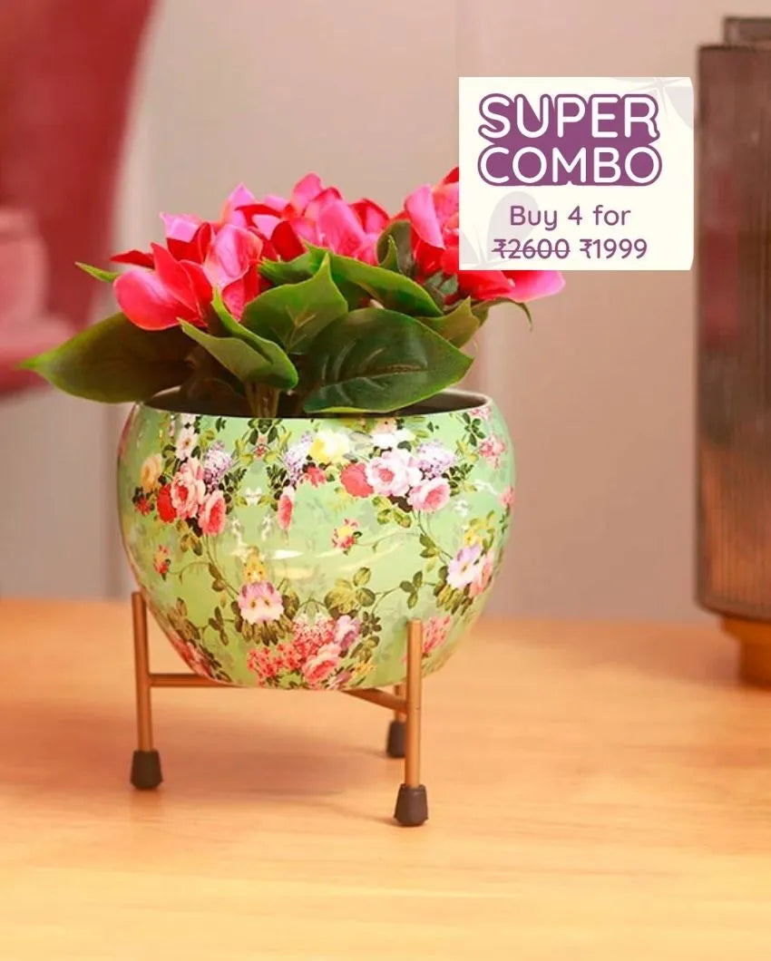 Green Floral Metal Pot With Stand | Single