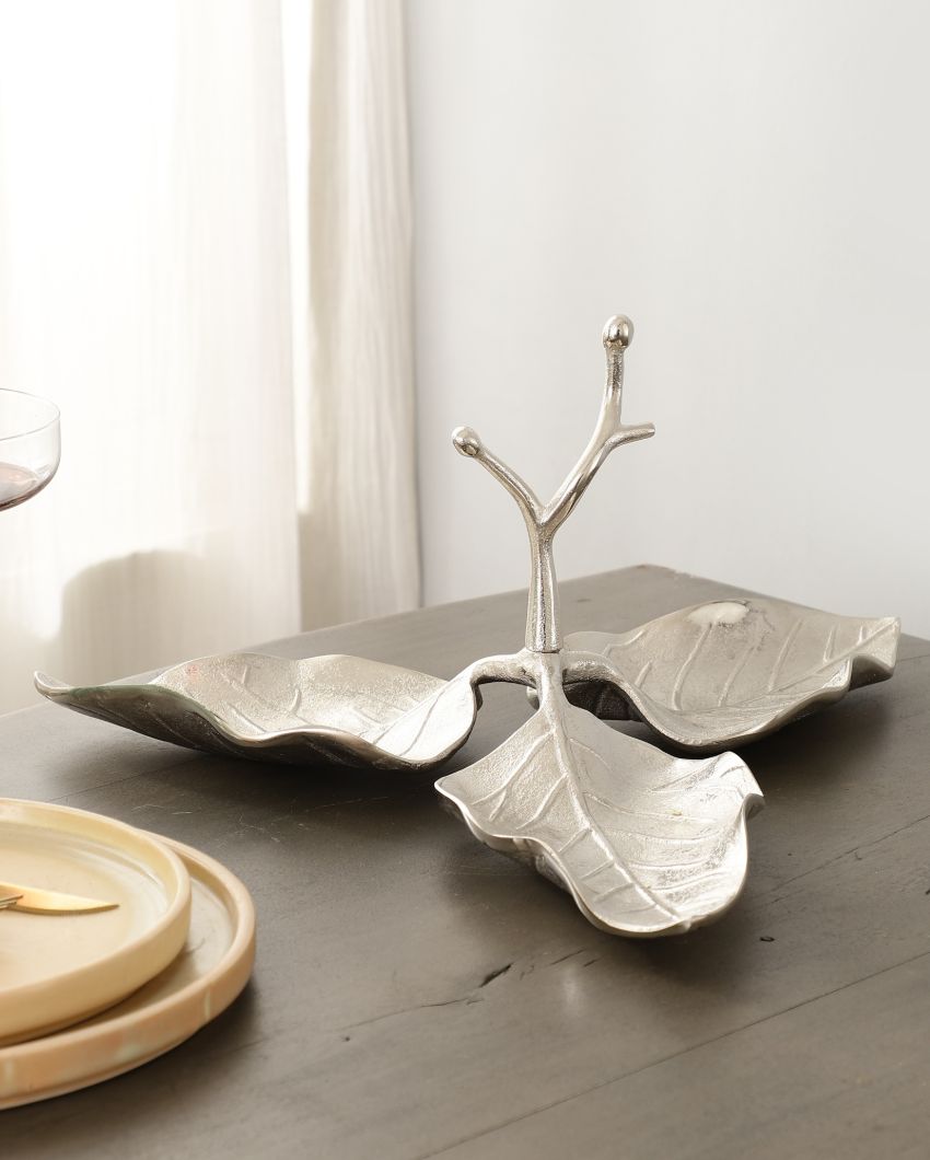 Elegantly Crafted Silver Aluminium Leaf Decorative Platter | 15 x 14 x 8 inches