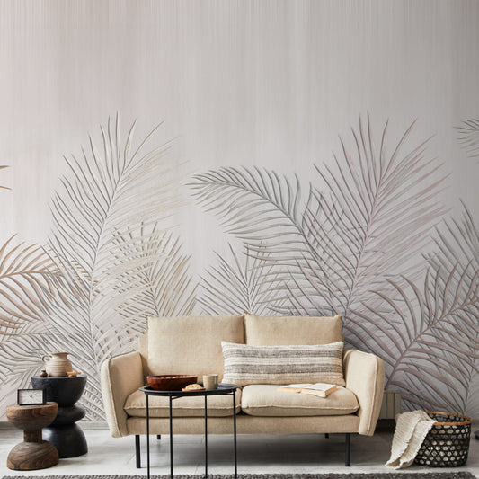 Beige Tropical Leaves In Stuble Background Design Wallpaper | Multiple Options Soft feel