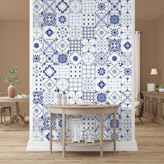 Moroccan Blue & White Tiles Design Wallpaper | Multiple Options Soft feel