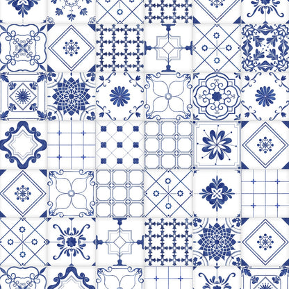 Moroccan Blue & White Tiles Design Wallpaper | Multiple Options Soft feel