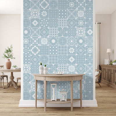 Viran Moroccan Blue & White Tiles Design Wallpaper | Multiple Options Soft feel