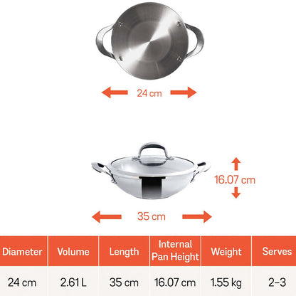 Nickel Free Stainless Steel Kadai | 9 Inch, 9.4 Inch, 10 Inch, 12 Inch 9.4 Inches