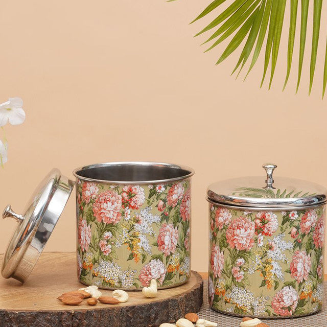 Floral Green Stainless Steel Storage Jars | Set of 2 | 5 x 6 inches